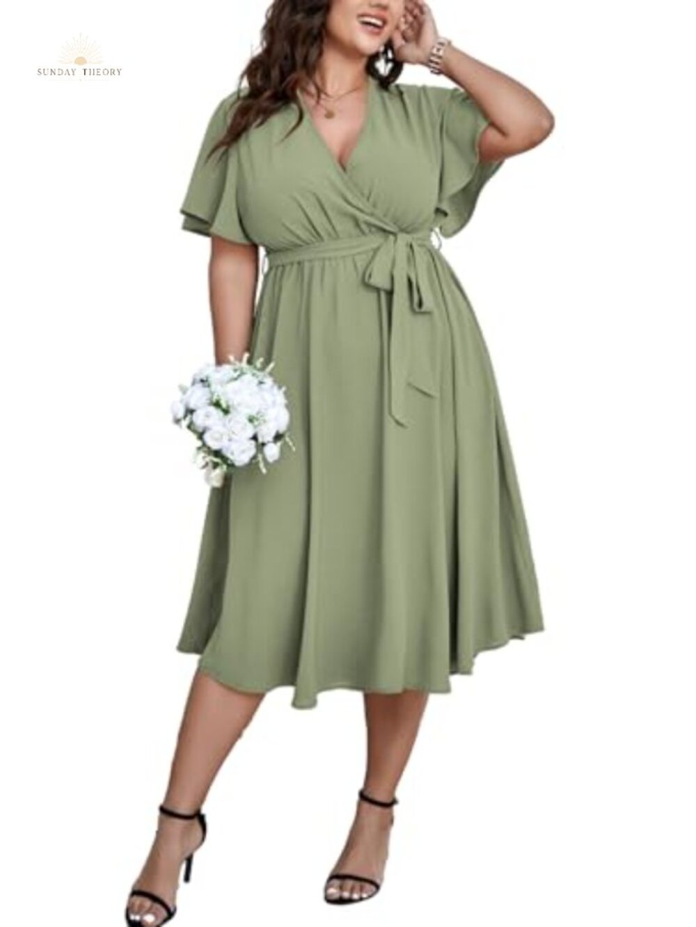 Plus Size Midi Dress Wrap V-Neck Short Sleeve Belted A-Line Flowy Cocktail